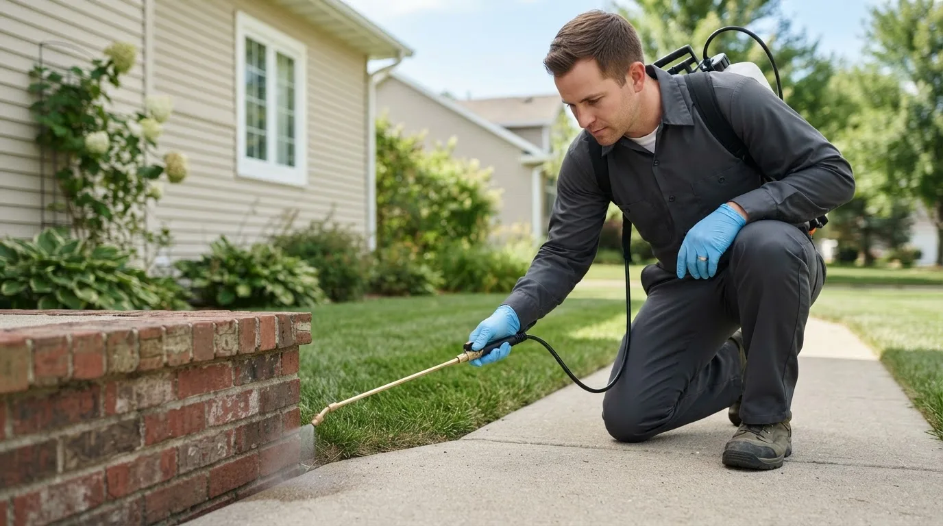 Pest control technician treating a home near Harris, IA