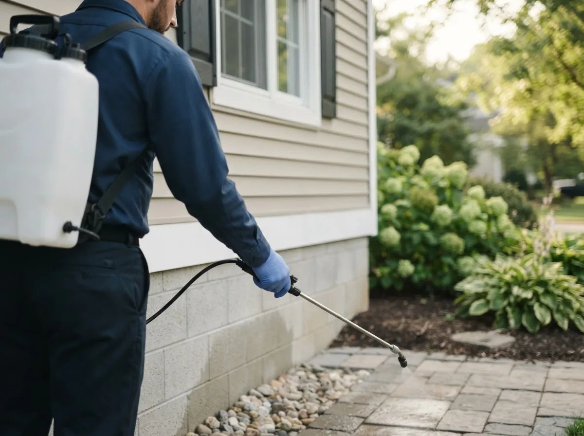 Pest control technician inspecting a home in Harris, IA